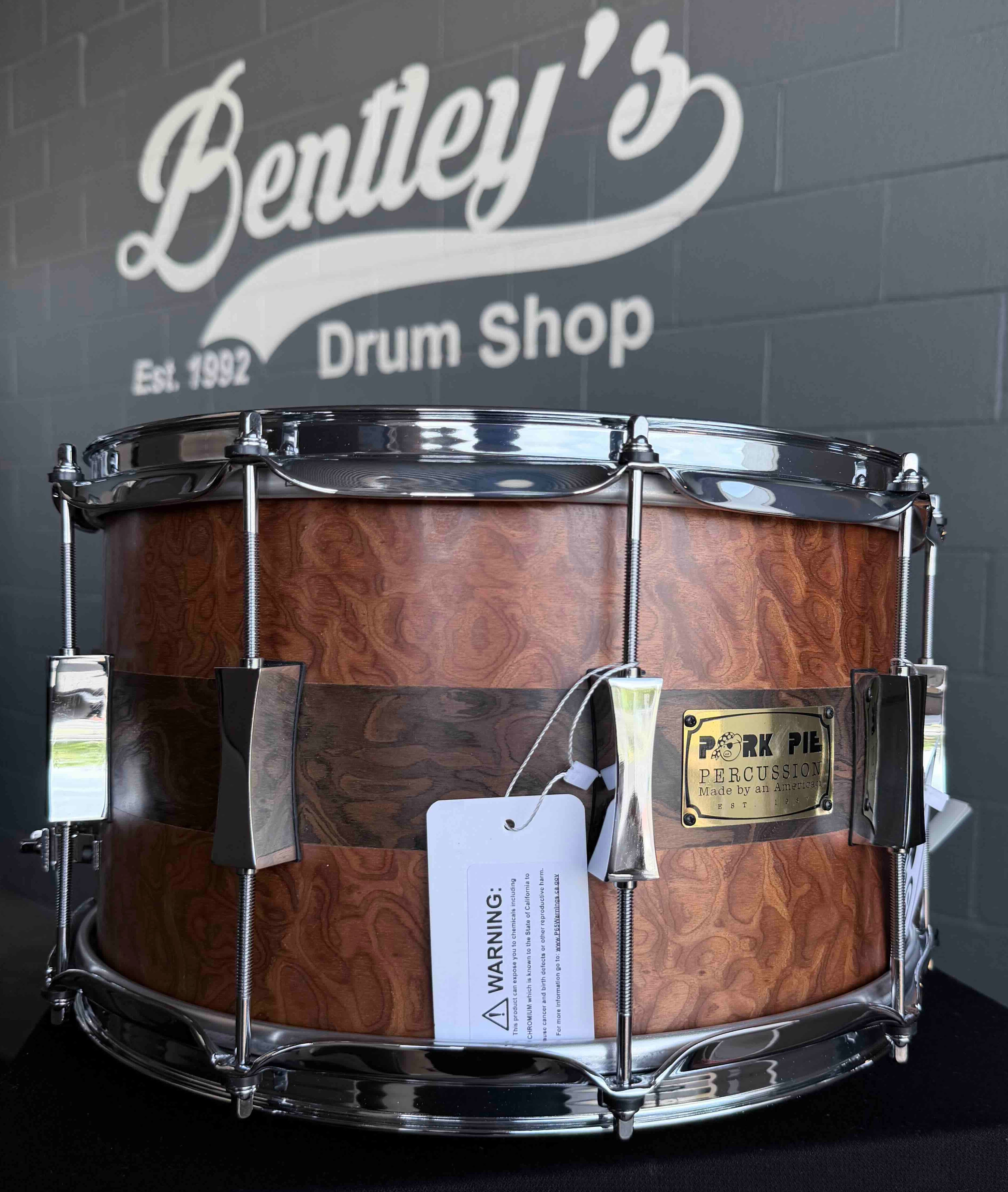 ~NEW!~ Pork Pie Decaf Macchiato Maple 8x14 Snare Drum in Satin Burled Walnut with Sapele Stripe